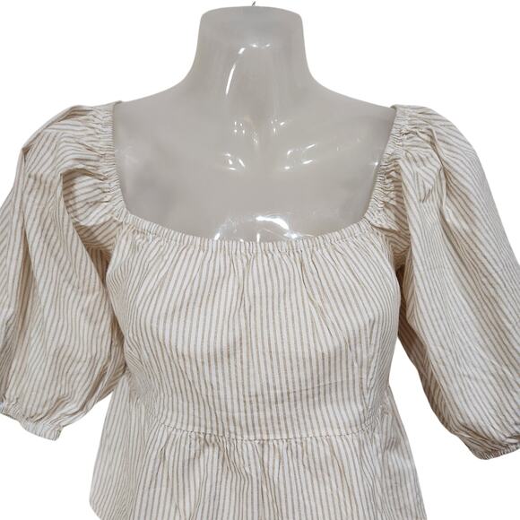Sim & Sam Cottagecore Blouse Puff Sleeve Square Neck Striped White Tan Medium - Picture 3 of 8